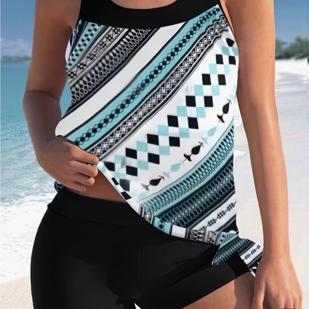 Paper Source Black, Aqua & White Patterned One-Piece Swim Top